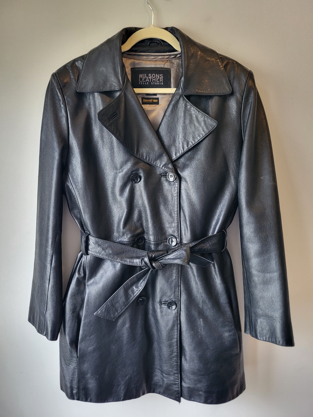 Wilsons Leather Black Double-Breasted Classic Staple Lined Trench with Belt